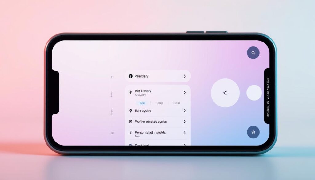 A sleek, contemporary period tracker app interface displayed on a modern smartphone screen, showcased against a minimalist, pastel-toned background. The interface features a clean, intuitive layout with an emphasis on simplicity and user-friendliness. Soft, diffused lighting illuminates the screen, creating a serene and inviting atmosphere. The user experience is highlighted, with a focus on the app's core functionality of tracking menstrual cycles and providing personalized insights. The overall aesthetic conveys a sense of care, empowerment, and the integration of technology into one's personal health routine.