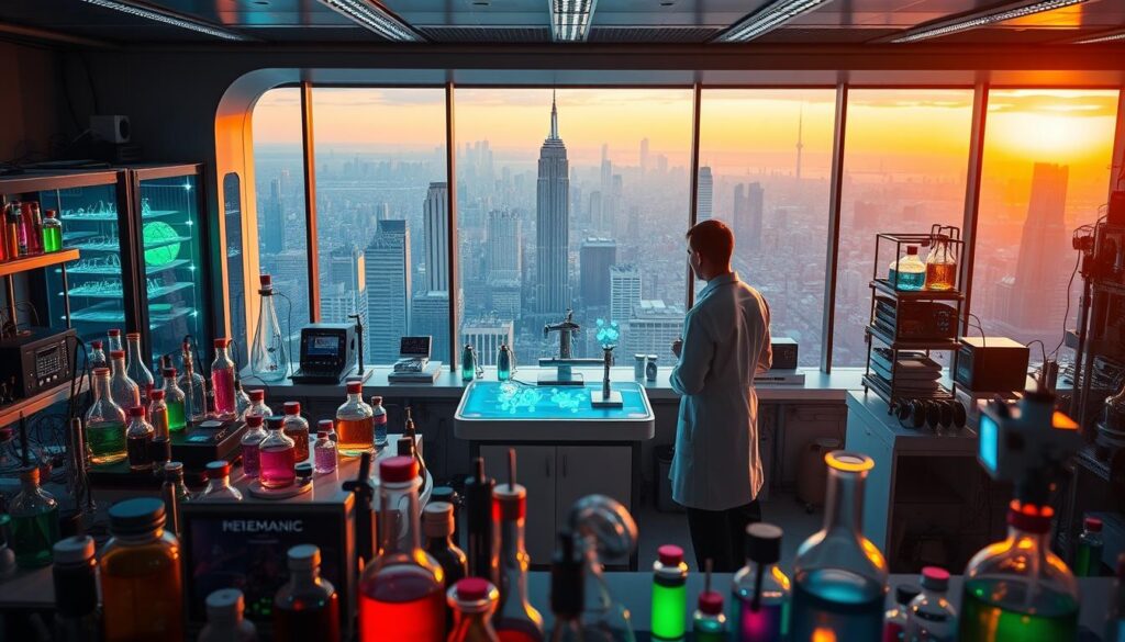 A sleek, futuristic laboratory filled with cutting-edge biohacking equipment. In the foreground, an array of colorful vials, beakers, and devices emit a soft, mesmerizing glow. The middle ground features a central workstation with a holographic display, where a scientist in a pristine white lab coat examines glowing molecular models. The background depicts a vast, panoramic window overlooking a vibrant, high-tech cityscape, bathed in a warm, natural light. The overall atmosphere conveys a sense of innovation, progress, and the boundless potential of biohacking to unlock new realms of natural, sustainable energy.