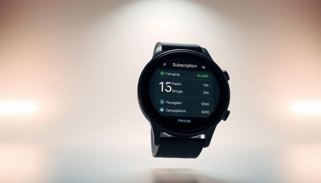 A sleek, minimalist composition showcasing the pricing and subscription options for a high-tech wearable device. In the foreground, a modern-looking smartwatch or fitness tracker hovers, its display presenting various subscription tiers and pricing details. The mid-ground features a clean, white background, subtly highlighting the device's premium design. The background is softly lit, with a gentle, warm glow that creates an aura of sophistication and value. The overall mood is one of clarity, simplicity, and the inherent worth of the product, reflecting the "Price, Subscription, and Value for Money" theme. A sleek, minimalist composition showcasing the pricing and subscription options for a high-tech wearable device. In the foreground, a modern-looking smartwatch or fitness tracker hovers, its display presenting various subscription tiers and pricing details. The mid-ground features a clean, white background, subtly highlighting the device's premium design. The background is softly lit, with a gentle, warm glow that creates an aura of sophistication and value. The overall mood is one of clarity, simplicity, and the inherent worth of the product, reflecting the "Price, Subscription, and Value for Money" theme.