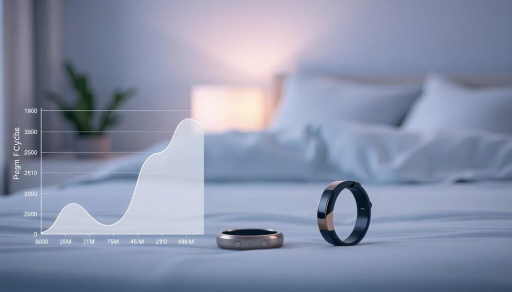 A sleek, minimalist data visualization depicting sleep patterns and insights. In the foreground, a stylized graph charts sleep cycles, REM phases, and deep sleep periods. The visualization has a soothing, monochromatic color palette with soft gradients. In the middle ground, an array of sleep tracking devices - a smartwatch, a bedside sleep monitor, and a smart ring - are arranged in a clean, modern composition. The background features a softly blurred bedroom scene, with muted tones and gentle lighting to convey a sense of rest and relaxation. The overall mood is one of clarity, simplicity, and the power of data to unlock the mysteries of sleep. A sleek, minimalist data visualization depicting sleep patterns and insights. In the foreground, a stylized graph charts sleep cycles, REM phases, and deep sleep periods. The visualization has a soothing, monochromatic color palette with soft gradients. In the middle ground, an array of sleep tracking devices - a smartwatch, a bedside sleep monitor, and a smart ring - are arranged in a clean, modern composition. The background features a softly blurred bedroom scene, with muted tones and gentle lighting to convey a sense of rest and relaxation. The overall mood is one of clarity, simplicity, and the power of data to unlock the mysteries of sleep.