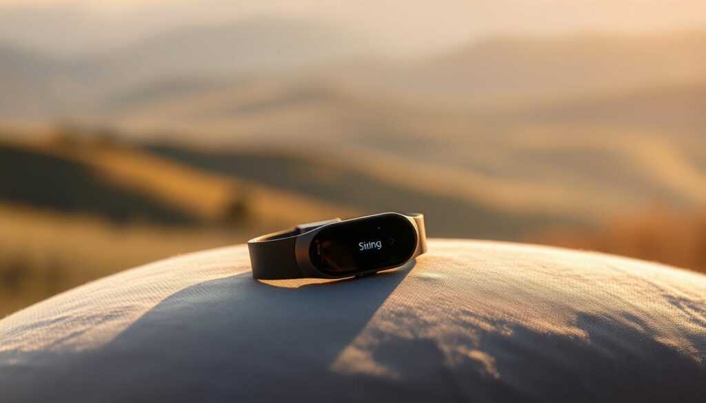 A sleek, minimalist health tracking device rests on a soft grey fabric, its display illuminated with a gentle glow. The foreground features the device, a circular band with a touch interface, capturing data about the wearer's activity, sleep, and wellness. The middle ground showcases a subtly blurred, serene landscape of rolling hills and a distant horizon, evoking a sense of balance and tranquility. The background is bathed in warm, natural lighting, creating a soothing and inviting atmosphere, perfect for the health-conscious individual seeking to optimize their well-being.