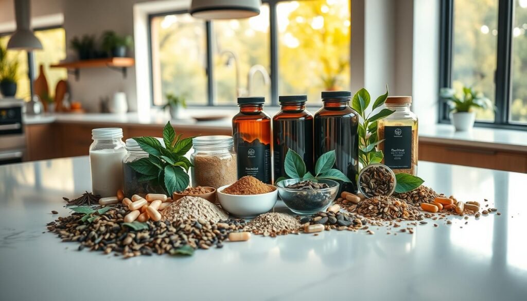A sleek modern kitchen counter, bathed in warm natural light from large windows. On the surface, an array of adaptogenic herbs, supplements, and tea leaves are artfully arranged, conveying a sense of balance and well-being. The composition creates a visual harmony, with the various forms - capsules, powders, and whole leaves - complementing each other in a compelling display. The lighting is soft and diffused, highlighting the textures and colors of the natural ingredients. The overall mood is one of calm contemplation, inviting the viewer to consider the timing and dosage of these potent plant-based remedies. A sleek modern kitchen counter, bathed in warm natural light from large windows. On the surface, an array of adaptogenic herbs, supplements, and tea leaves are artfully arranged, conveying a sense of balance and well-being. The composition creates a visual harmony, with the various forms - capsules, powders, and whole leaves - complementing each other in a compelling display. The lighting is soft and diffused, highlighting the textures and colors of the natural ingredients. The overall mood is one of calm contemplation, inviting the viewer to consider the timing and dosage of these potent plant-based remedies.