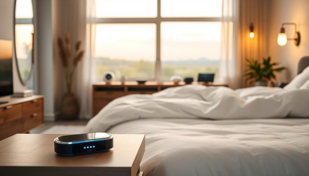 A sleep tech experience in a serene, minimalist bedroom. In the foreground, a sleek, modern smart sleep tracker rests on a nightstand, its soft indicator lights glowing. The middle ground features a comfortable-looking bed draped in crisp, white linens, with a plush duvet and an array of smart sleep aid devices like sound machines and wake-up lights. The background showcases a large window offering a calming, natural landscape, bathed in warm, ambient lighting from stylish sconces. The overall atmosphere conveys a sense of tranquility, technology seamlessly integrated to create an optimal sleep environment. A sleep tech experience in a serene, minimalist bedroom. In the foreground, a sleek, modern smart sleep tracker rests on a nightstand, its soft indicator lights glowing. The middle ground features a comfortable-looking bed draped in crisp, white linens, with a plush duvet and an array of smart sleep aid devices like sound machines and wake-up lights. The background showcases a large window offering a calming, natural landscape, bathed in warm, ambient lighting from stylish sconces. The overall atmosphere conveys a sense of tranquility, technology seamlessly integrated to create an optimal sleep environment.