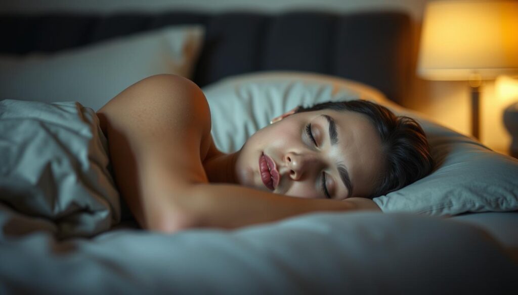 A sleeping individual lying in a comfortable bed, their head resting on a plush pillow. The room is dimly lit, with soft, warm lighting casting a gentle glow. The bedding is crisp and inviting, in calming neutral tones that promote relaxation. The person's face is serene, their expression peaceful as they drift off into a deep, restful slumber. The background is blurred, allowing the viewer to focus on the tranquil scene at the center. Subtle details, such as the texture of the sheets or the subtle shadows, add depth and realism to the image. A sleeping individual lying in a comfortable bed, their head resting on a plush pillow. The room is dimly lit, with soft, warm lighting casting a gentle glow. The bedding is crisp and inviting, in calming neutral tones that promote relaxation. The person's face is serene, their expression peaceful as they drift off into a deep, restful slumber. The background is blurred, allowing the viewer to focus on the tranquil scene at the center. Subtle details, such as the texture of the sheets or the subtle shadows, add depth and realism to the image.