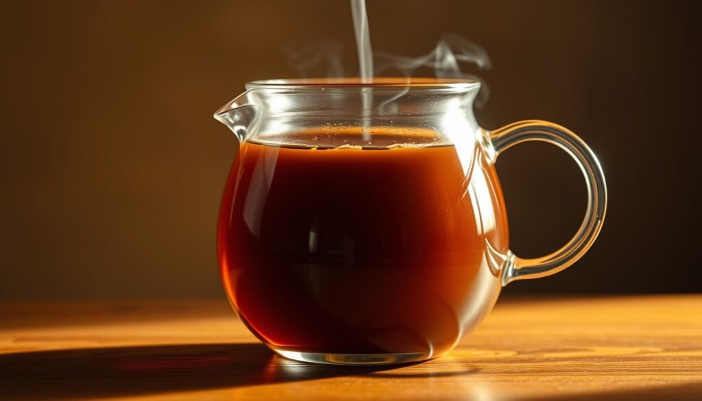 A smooth, rich pu-erh tea in a glass teapot, with a deep brown liquor and a hint of earthy aroma. The teapot is situated on a wooden table, with a warm, diffused lighting illuminating the scene. Delicate steam rises from the teapot, creating a cozy, inviting atmosphere. The composition highlights the tea's velvety texture and complex, mellow flavor, showcasing its high-caffeine content without the bitterness often associated with black tea. The overall mood is one of relaxation and indulgence, reflecting the section's focus on pu-erh tea's unique properties.