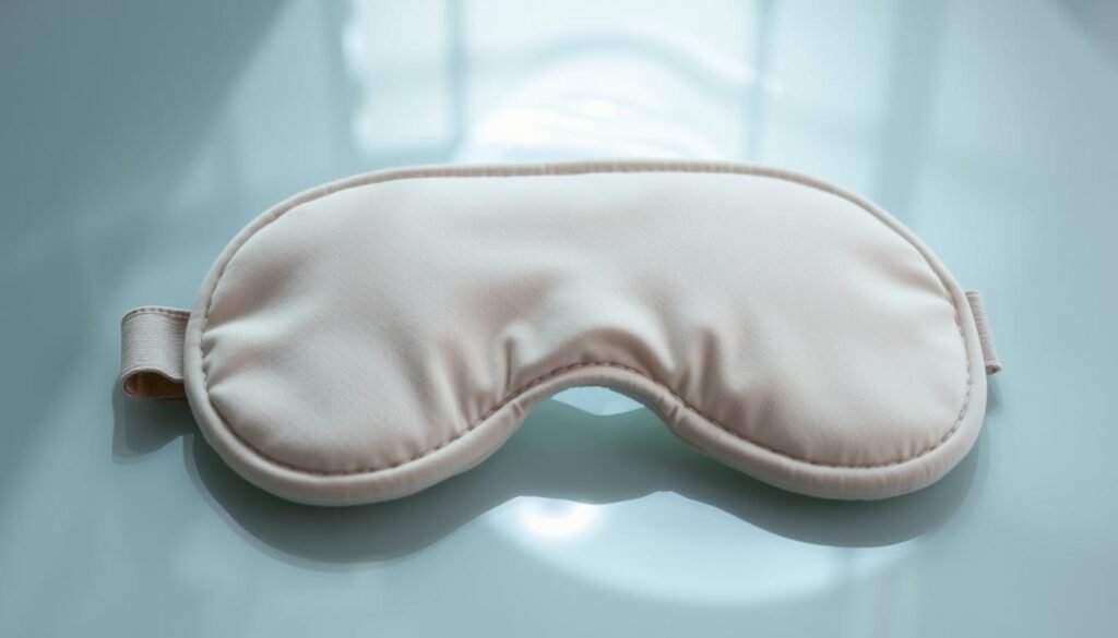 A soft, plush sleep mask resting gently on a tranquil surface. The mask is crafted from high-quality, breathable materials that contour to the face, providing a comfortable and customized fit. Delicate stitching and padded edges ensure a soothing, pressure-free experience. Subtle accents, such as a gentle sheen or a muted color palette, elevate the mask's aesthetic. Soft, diffused lighting illuminates the scene, creating a serene and calming atmosphere. The overall composition conveys a sense of relaxation and rejuvenation, perfectly suited for the "Features That Upgrade Comfort and Performance" section of the sleep mask buying guide.