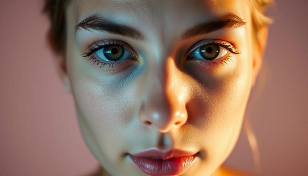 A softly lit close-up of a person's face, with a pastel gradient background featuring stylized symbols representing different chronotypes - a crescent moon, a sun, and a dolphin. The subject's gaze is serene and introspective, conveying a sense of self-discovery. The lighting is warm and diffused, creating a sense of introspection and personalized guidance. The overall composition is balanced and harmonious, inviting the viewer to engage with the concept of understanding one's unique chronotype and sleep patterns. A softly lit close-up of a person's face, with a pastel gradient background featuring stylized symbols representing different chronotypes - a crescent moon, a sun, and a dolphin. The subject's gaze is serene and introspective, conveying a sense of self-discovery. The lighting is warm and diffused, creating a sense of introspection and personalized guidance. The overall composition is balanced and harmonious, inviting the viewer to engage with the concept of understanding one's unique chronotype and sleep patterns.