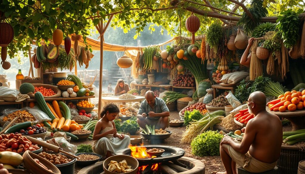 A sprawling open-air market filled with an array of natural, unprocessed foods: fresh fruits, vegetables, nuts, grains, and lean meats. Rustling leaves and dappled sunlight create a warm, earthy ambiance. In the foreground, a family gathers around a communal cooking fire, preparing a simple, nutrient-dense meal. The scene evokes a sense of vitality and connection to the land, hinting at the ancestral diets that sustained our forebears. Crisp, high-definition details capture the vibrant colors and textures of this preindustrial food landscape, offering a window into our evolutionary past. A sprawling open-air market filled with an array of natural, unprocessed foods: fresh fruits, vegetables, nuts, grains, and lean meats. Rustling leaves and dappled sunlight create a warm, earthy ambiance. In the foreground, a family gathers around a communal cooking fire, preparing a simple, nutrient-dense meal. The scene evokes a sense of vitality and connection to the land, hinting at the ancestral diets that sustained our forebears. Crisp, high-definition details capture the vibrant colors and textures of this preindustrial food landscape, offering a window into our evolutionary past.