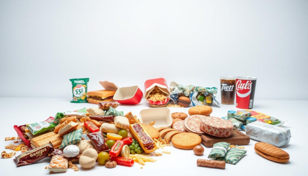 A stark and minimalist still life composition featuring a variety of heavily processed, unhealthy foods on a plain white background. In the foreground, a jumble of brightly colored, artificially flavored snack foods, preservative-laden baked goods, and sugary drinks. In the middle ground, a pile of fast food containers, their greasy contents spilling out. In the background, clinical fluorescent lighting casts an unforgiving glow, highlighting the artificial, nutrient-devoid nature of the items. An unsettling, lifeless atmosphere pervades the scene, conveying the dangers of consuming these types of processed foods regularly. A stark and minimalist still life composition featuring a variety of heavily processed, unhealthy foods on a plain white background. In the foreground, a jumble of brightly colored, artificially flavored snack foods, preservative-laden baked goods, and sugary drinks. In the middle ground, a pile of fast food containers, their greasy contents spilling out. In the background, clinical fluorescent lighting casts an unforgiving glow, highlighting the artificial, nutrient-devoid nature of the items. An unsettling, lifeless atmosphere pervades the scene, conveying the dangers of consuming these types of processed foods regularly.