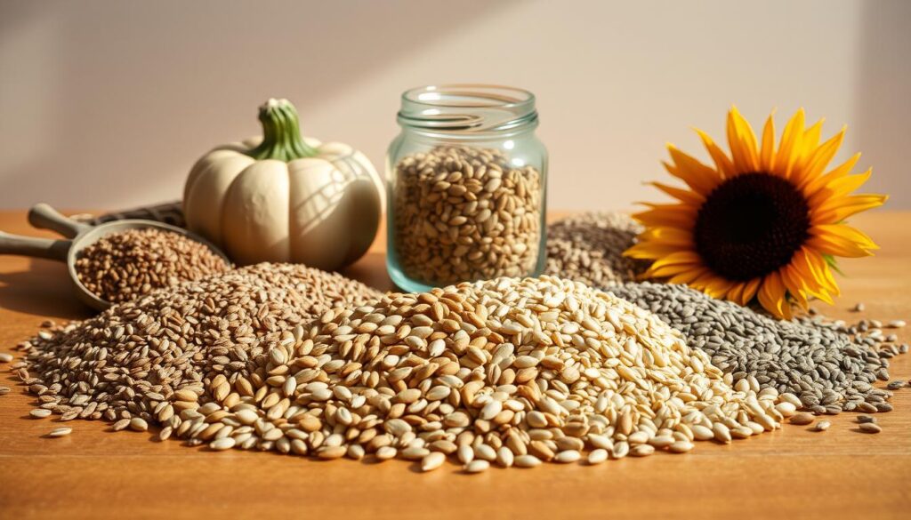 A still life arrangement showcasing an assortment of phase-specific seeds for seed cycling. In the foreground, a selection of organic, non-GMO seeds such as flax, pumpkin, sunflower, and sesame are neatly arranged on a warm wooden surface, their textures and colors creating a visually appealing display. In the middle ground, a glass jar or dish containing a variety of these seeds is positioned, highlighting their diversity. The background features a soft, neutral-toned backdrop, allowing the seeds to take center stage. Warm, natural lighting casts gentle shadows, accentuating the seeds' shapes and contours. The overall composition conveys a sense of balance, wellness, and the intentional practice of seed cycling. A still life arrangement showcasing an assortment of phase-specific seeds for seed cycling. In the foreground, a selection of organic, non-GMO seeds such as flax, pumpkin, sunflower, and sesame are neatly arranged on a warm wooden surface, their textures and colors creating a visually appealing display. In the middle ground, a glass jar or dish containing a variety of these seeds is positioned, highlighting their diversity. The background features a soft, neutral-toned backdrop, allowing the seeds to take center stage. Warm, natural lighting casts gentle shadows, accentuating the seeds' shapes and contours. The overall composition conveys a sense of balance, wellness, and the intentional practice of seed cycling.