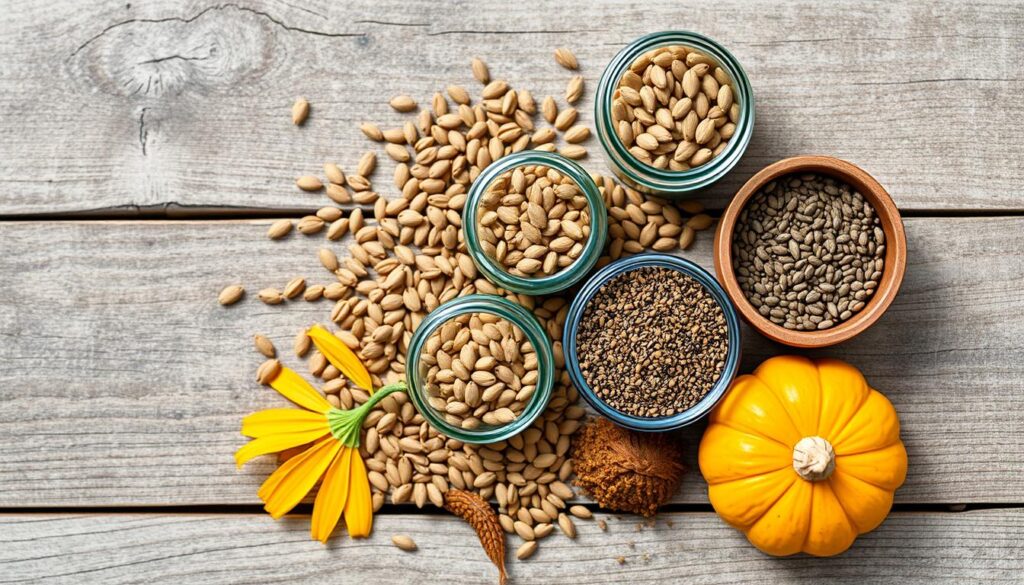 A still life composition depicting an assortment of seeds, including sunflower, pumpkin, flax, and chia, arranged on a rustic wooden surface. The seeds are displayed in small glass jars and bowls, with a soft, natural lighting illuminating the scene. The composition is balanced, with the seeds taking up the majority of the frame, but leaving ample negative space to create a sense of simplicity and tranquility. The overall mood is one of wellness, mindfulness, and a connection to the natural world. A still life composition depicting an assortment of seeds, including sunflower, pumpkin, flax, and chia, arranged on a rustic wooden surface. The seeds are displayed in small glass jars and bowls, with a soft, natural lighting illuminating the scene. The composition is balanced, with the seeds taking up the majority of the frame, but leaving ample negative space to create a sense of simplicity and tranquility. The overall mood is one of wellness, mindfulness, and a connection to the natural world.