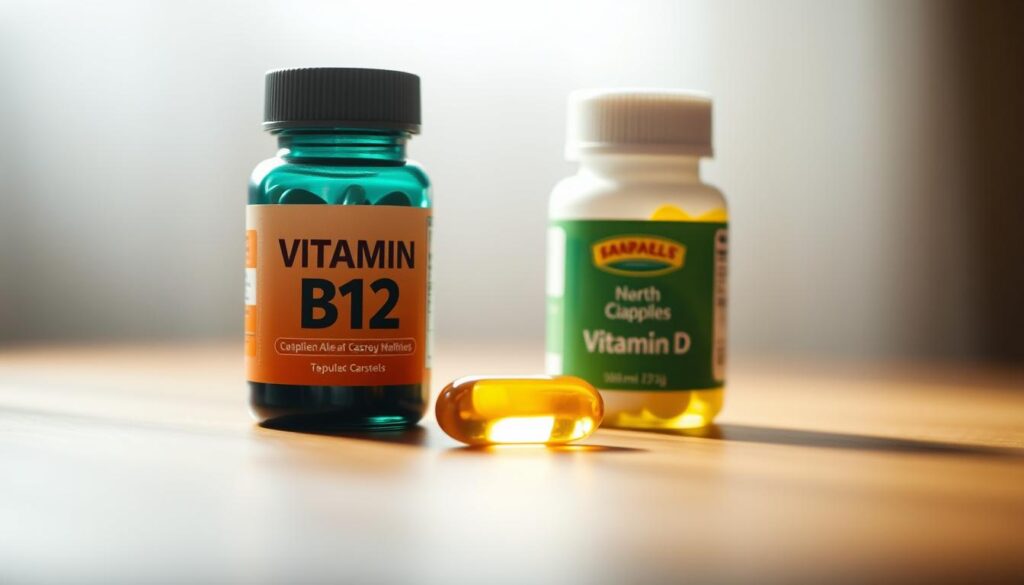 A still life composition featuring two boldly colored vitamin supplements - a capsule of vitamin B12 and a softgel of vitamin D. The lighting is warm and diffused, casting a gentle glow on the objects. The foreground is in sharp focus, while the background is softly blurred, directing the viewer's attention to the vitamins. The overall mood is one of calm, natural wellness, hinting at the energizing effects of these essential nutrients. The image is captured from a slightly elevated angle, giving a sense of dimension and depth to the scene. A still life composition featuring two boldly colored vitamin supplements - a capsule of vitamin B12 and a softgel of vitamin D. The lighting is warm and diffused, casting a gentle glow on the objects. The foreground is in sharp focus, while the background is softly blurred, directing the viewer's attention to the vitamins. The overall mood is one of calm, natural wellness, hinting at the energizing effects of these essential nutrients. The image is captured from a slightly elevated angle, giving a sense of dimension and depth to the scene.