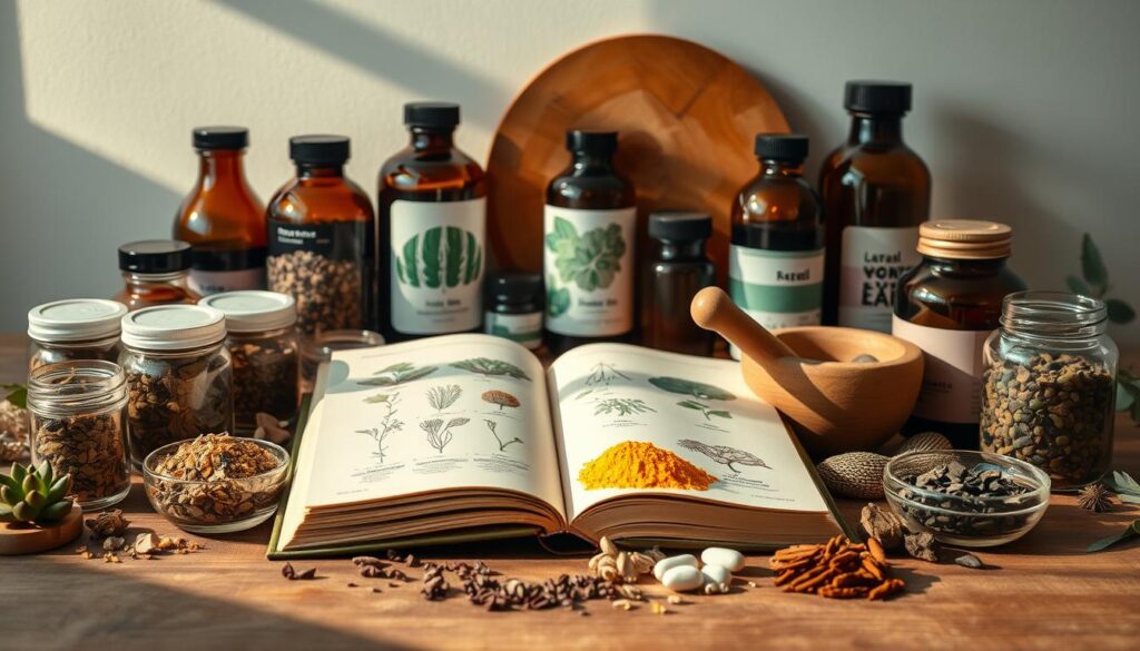 A still life composition showcasing a variety of premium quality herbal supplements. In the foreground, an array of glass bottles and jars containing dried herbs, powders, and tinctures, arranged artfully on a wooden table. The middle ground features an open book with illustrations of adaptogenic plants, accompanied by a mortar and pestle. The background is softly illuminated, conveying a sense of tranquility and wellness. The lighting is natural, warm, and slightly diffused, casting subtle shadows that add depth and dimension to the scene. The overall atmosphere is one of quality, authenticity, and a reverence for the restorative power of botanicals.