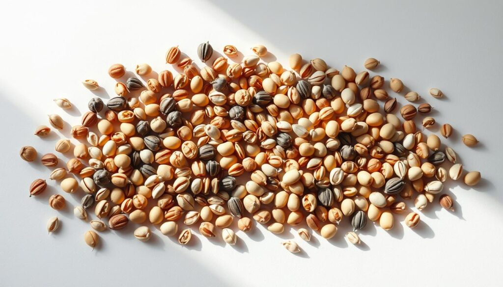 A still life photograph of an assortment of various seeds arranged in a harmonious composition. The seeds are presented on a clean, minimalist background, allowing their intricate textures and colors to be the focal point. The lighting is soft and diffused, casting gentle shadows that accentuate the three-dimensional qualities of the seeds. The camera angle is slightly elevated, offering a bird's-eye view that creates a sense of balance and order. The overall mood is serene and contemplative, inviting the viewer to appreciate the natural beauty and potential of these small, powerful sources of nourishment. A still life photograph of an assortment of various seeds arranged in a harmonious composition. The seeds are presented on a clean, minimalist background, allowing their intricate textures and colors to be the focal point. The lighting is soft and diffused, casting gentle shadows that accentuate the three-dimensional qualities of the seeds. The camera angle is slightly elevated, offering a bird's-eye view that creates a sense of balance and order. The overall mood is serene and contemplative, inviting the viewer to appreciate the natural beauty and potential of these small, powerful sources of nourishment.