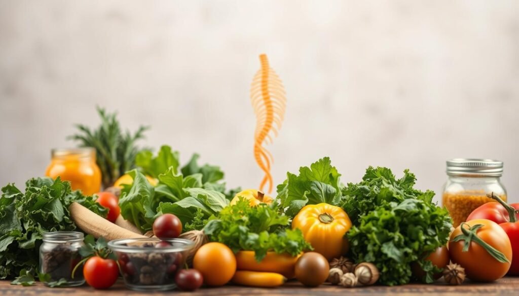 A still life scene depicting the connection between nutrition and the vagus nerve. In the foreground, a selection of wholesome, nutrient-rich foods such as leafy greens, vegetables, fruits, and fermented items. In the middle ground, an anatomical diagram of the vagus nerve winding through the body, highlighting its role in the parasympathetic nervous system. The background features a soothing, muted color palette with soft, natural lighting, conveying a sense of balance and wellness. The overall composition emphasizes the importance of a holistic, nourishing approach to supporting vagal tone and overall nervous system health.
