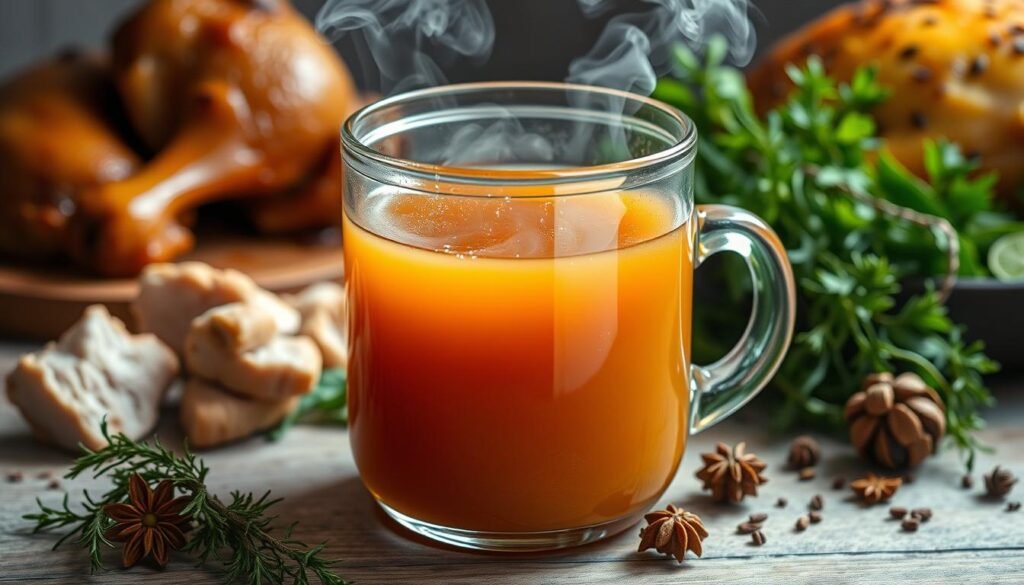 A still life scene of a rich, golden-brown bone broth in a clear glass container, surrounded by fresh herbs, spices, and a few pieces of roasted chicken. The broth has a glossy, gelatinous texture, and steam gently rises from the surface, hinting at its warmth. The lighting is soft and diffused, creating a cozy, inviting atmosphere. The background is blurred, allowing the broth to take center stage, showcasing its nourishing, gut-healing properties. The overall composition evokes a sense of wellness, wholesome nutrition, and the comforting ritual of sipping a homemade bone broth.