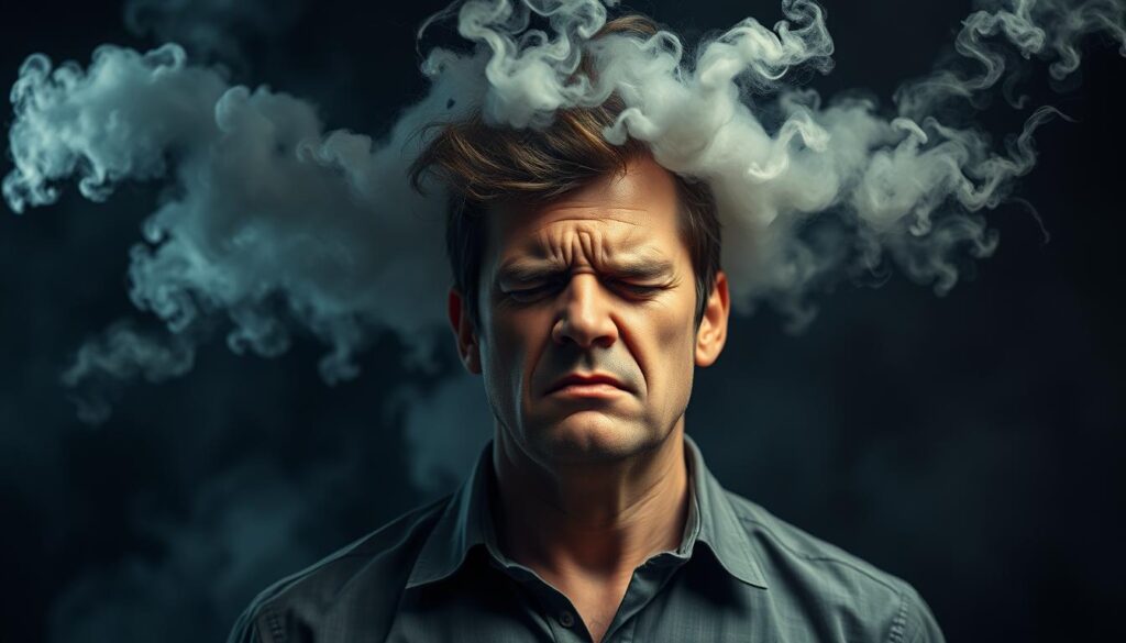 A stressed human figure, wreathed in swirling clouds of mental anguish, stands before a blurred, chaotic backdrop. The subject's face is tense, brow furrowed, eyes closed in a pained expression. Wisps of energy emanate from the figure, suggesting the intense internal turmoil. The lighting is dramatic, with sharp contrasts and shadows accentuating the emotional turmoil. The composition draws the viewer's focus to the central figure, emphasizing the visceral experience of stress and burnout. The overall atmosphere is one of psychological strain and the urgent need for effective solutions.