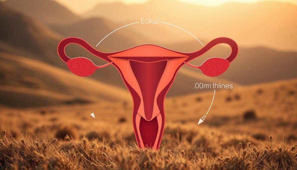 A striking illustration of the cyclical phases of the menstrual cycle, rendered in a soft, natural color palette. The foreground depicts a stylized uterus in cross-section, with the endometrium layers visually unfolding to reveal the ebb and flow of the cycle. The middle ground showcases symbolic representations of the hormonal fluctuations - delicate linework depicting the hormones' trajectories. In the background, a serene, earthy landscape subtly mirrors the natural rhythms, with muted hues and organic textures. The lighting is warm and diffused, creating a contemplative, educational atmosphere. Captured with a wide-angle lens to convey the holistic, interconnected nature of this essential biological process. A striking illustration of the cyclical phases of the menstrual cycle, rendered in a soft, natural color palette. The foreground depicts a stylized uterus in cross-section, with the endometrium layers visually unfolding to reveal the ebb and flow of the cycle. The middle ground showcases symbolic representations of the hormonal fluctuations - delicate linework depicting the hormones' trajectories. In the background, a serene, earthy landscape subtly mirrors the natural rhythms, with muted hues and organic textures. The lighting is warm and diffused, creating a contemplative, educational atmosphere. Captured with a wide-angle lens to convey the holistic, interconnected nature of this essential biological process.