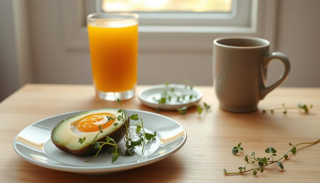 A stylish, minimalist still life of a healthy breakfast. In the foreground, an artfully arranged plate features a soft-boiled egg, a few slices of avocado, and a sprinkling of microgreens. In the middle ground, a glass of freshly squeezed orange juice stands next to a ceramic mug of aromatic black coffee. The background features a simple, clean-lined table in natural wood, with soft, natural lighting from a window creating a warm, inviting ambiance. The overall composition and styling evoke a sense of tranquility, wellness, and productivity.