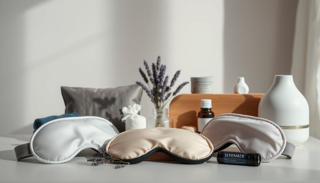 A stylish still life arrangement showcasing a variety of alternative sleep masks. Prominently displayed in the foreground are several unique and innovative designs, including a lightweight contoured sleep mask, a luxurious silk eye mask, and a therapeutic weighted mask. The middle ground features an assortment of natural sleep aids like lavender sachets and soothing essential oil diffusers. The background has a calming, minimalist aesthetic with soft, diffused lighting and a muted color palette, evoking a serene and relaxing atmosphere. The overall composition highlights the diverse range of sleep solutions beyond traditional fabric masks, catering to different sleep preferences and needs. A stylish still life arrangement showcasing a variety of alternative sleep masks. Prominently displayed in the foreground are several unique and innovative designs, including a lightweight contoured sleep mask, a luxurious silk eye mask, and a therapeutic weighted mask. The middle ground features an assortment of natural sleep aids like lavender sachets and soothing essential oil diffusers. The background has a calming, minimalist aesthetic with soft, diffused lighting and a muted color palette, evoking a serene and relaxing atmosphere. The overall composition highlights the diverse range of sleep solutions beyond traditional fabric masks, catering to different sleep preferences and needs.