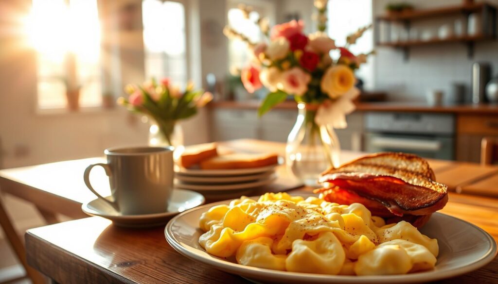 A sumptuous breakfast scene bathed in warm, golden-hour lighting. In the foreground, a plate overflows with fluffy scrambled eggs, crispy bacon, and buttery, golden-brown toast. A steaming mug of coffee sits alongside, its rich aroma filling the air. In the middle ground, a rustic wooden table is set with a vase of fresh flowers, complementing the earthy tones of the scene. The background features a cozy, sun-dappled kitchen, with clean white walls and natural light streaming in through large windows. The overall atmosphere is one of nourishment, comfort, and a sense of calm energy that sets the stage for a productive, focused day ahead. A sumptuous breakfast scene bathed in warm, golden-hour lighting. In the foreground, a plate overflows with fluffy scrambled eggs, crispy bacon, and buttery, golden-brown toast. A steaming mug of coffee sits alongside, its rich aroma filling the air. In the middle ground, a rustic wooden table is set with a vase of fresh flowers, complementing the earthy tones of the scene. The background features a cozy, sun-dappled kitchen, with clean white walls and natural light streaming in through large windows. The overall atmosphere is one of nourishment, comfort, and a sense of calm energy that sets the stage for a productive, focused day ahead.