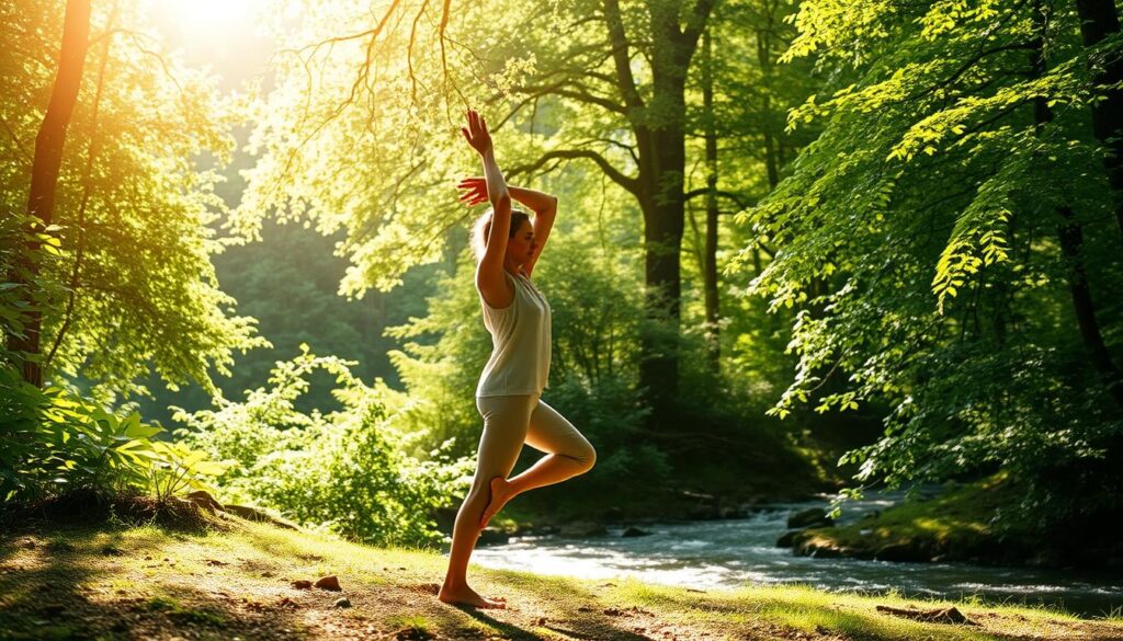 A sun-dappled forest glade, with a figure gracefully engaged in fluid, restorative movements. In the foreground, the person flows through a series of gentle stretches and exercises, their body language conveying a sense of mindful recovery. The middle ground features lush, verdant foliage, with dappled light filtering through the canopy above. In the background, a crystalline stream meanders, its soothing sounds complementing the tranquil atmosphere. Soft, warm lighting bathes the scene, creating a serene, rejuvenating ambiance. The overall composition evokes a harmony between the human form and the natural world, symbolizing the power of movement and environmental exposure to boost energy and performance.