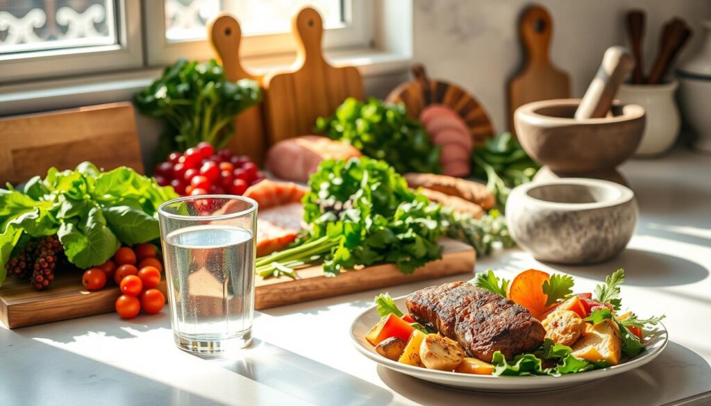A sun-drenched kitchen counter, adorned with an array of fresh, organic ingredients - leafy greens, vibrant berries, a slab of grass-fed beef, and a platter of grilled salmon. Wooden cutting boards and stone mortar and pestle evoke a rustic, earthy ambiance. Soft, natural lighting floods the scene, casting warm shadows and highlighting the textures of the produce. In the foreground, a glass of cool, clear water sits beside a small plate displaying a paleo-friendly meal - a beautifully seared steak, roasted root vegetables, and a colorful salad. The overall mood is one of health, vitality, and a connection to the natural world. A sun-drenched kitchen counter, adorned with an array of fresh, organic ingredients - leafy greens, vibrant berries, a slab of grass-fed beef, and a platter of grilled salmon. Wooden cutting boards and stone mortar and pestle evoke a rustic, earthy ambiance. Soft, natural lighting floods the scene, casting warm shadows and highlighting the textures of the produce. In the foreground, a glass of cool, clear water sits beside a small plate displaying a paleo-friendly meal - a beautifully seared steak, roasted root vegetables, and a colorful salad. The overall mood is one of health, vitality, and a connection to the natural world.