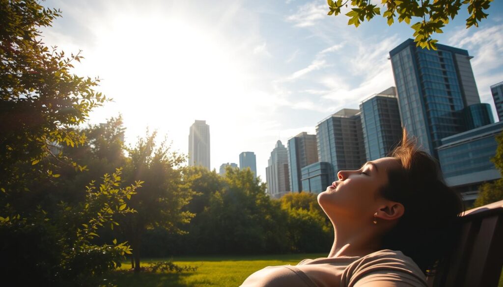 A sun-drenched landscape, the golden rays filtering through wispy cirrus clouds. In the foreground, a person lounging on a park bench, their face turned upward, eyes closed, basking in the warmth of the natural light. The middle ground features lush, verdant foliage, the leaves gently swaying in a light breeze. In the background, a cityscape of towering skyscrapers and glass-fronted buildings, their windows reflecting the sun's brilliance. The scene conveys a sense of tranquility and the restorative power of exposure to natural light, in contrast to the confines of artificial blue light sources. A sun-drenched landscape, the golden rays filtering through wispy cirrus clouds. In the foreground, a person lounging on a park bench, their face turned upward, eyes closed, basking in the warmth of the natural light. The middle ground features lush, verdant foliage, the leaves gently swaying in a light breeze. In the background, a cityscape of towering skyscrapers and glass-fronted buildings, their windows reflecting the sun's brilliance. The scene conveys a sense of tranquility and the restorative power of exposure to natural light, in contrast to the confines of artificial blue light sources.