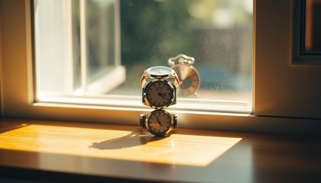 A sun-drenched window sill, with a stack of analog timepieces capturing the passage of time. Natural light floods the scene, casting warm, golden tones across the hardwood surface. The timepieces, each with a unique face and mechanism, showcase the minutes ticking by, a visual representation of the morning light exposure. The arrangement is minimal and intentional, inviting the viewer to pause and appreciate the simple beauty of the moment. The atmosphere is calming, reflective, and infused with a sense of tranquility, perfectly complementing the "Wake Naturally and Get Morning Light Exposure" theme.