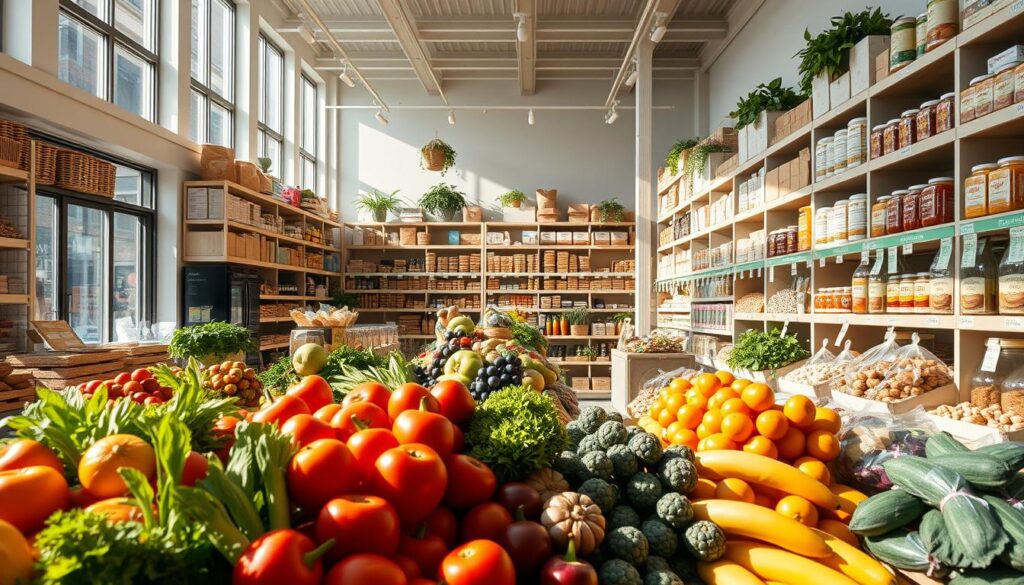 A sunlit, airy interior of a modern whole foods grocery store, with an abundance of fresh, vibrant produce, grains, and organic goods. In the foreground, an enticing array of seasonal fruits and vegetables, their colors and textures inviting exploration. The middle ground features floor-to-ceiling shelves stocked with a diverse selection of wholesome, minimally processed foods - from whole grain breads and cereals to jars of honey, nuts, and dried fruits. Bathed in soft, natural light filtering through large windows, the scene conveys a sense of health, purity, and a holistic approach to nourishment. The overall atmosphere is one of warmth, abundance, and a celebration of the natural world's bounty.
