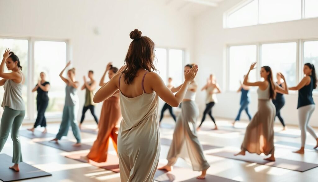 A sunlit studio filled with people engaged in mindful movement. The foreground features a group of individuals in loose, flowing attire gracefully transitioning between yoga poses, their expressions serene and focused. The middle ground showcases a teacher leading the class, her movements fluid and her guidance calming. The background depicts a serene, minimalist space with large windows allowing natural light to flood the room, creating a sense of tranquility and inner peace. The overall atmosphere is one of tranquility, rejuvenation, and a deep connection between mind, body, and spirit.