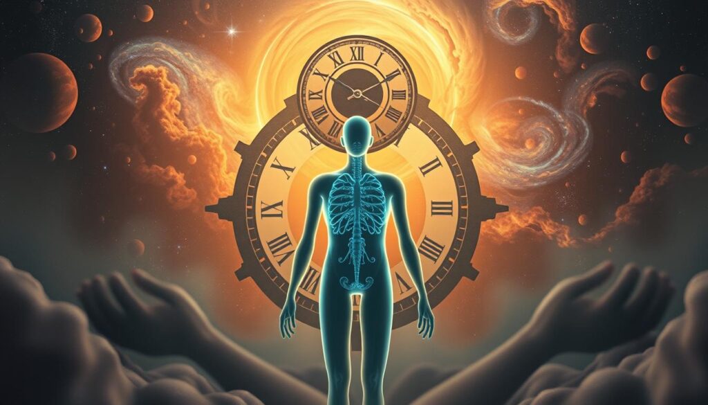 A surreal, dreamlike illustration depicting the concept of chronotype. In the foreground, a stylized human figure representing the different biological sleep-wake cycles, with a subtly glowing aura emanating from their body. The middle ground features an abstract, clock-like structure with multiple hands and dials, symbolizing the intricate internal rhythms of the body. In the background, a cosmic landscape of swirling galaxies, nebulae, and celestial bodies, hinting at the deep, interconnected nature of human biology and the natural world. The lighting is soft, diffused, and atmospheric, creating a sense of wonder and mystery. The overall composition conveys the idea of the chronotype as a complex, multifaceted phenomenon that shapes our daily lives and sleep patterns. A surreal, dreamlike illustration depicting the concept of chronotype. In the foreground, a stylized human figure representing the different biological sleep-wake cycles, with a subtly glowing aura emanating from their body. The middle ground features an abstract, clock-like structure with multiple hands and dials, symbolizing the intricate internal rhythms of the body. In the background, a cosmic landscape of swirling galaxies, nebulae, and celestial bodies, hinting at the deep, interconnected nature of human biology and the natural world. The lighting is soft, diffused, and atmospheric, creating a sense of wonder and mystery. The overall composition conveys the idea of the chronotype as a complex, multifaceted phenomenon that shapes our daily lives and sleep patterns.