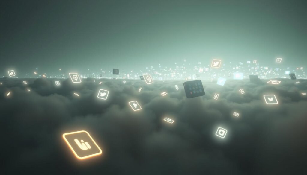 A surreal, dreamlike scene of social media channels and platforms floating in a nebulous, ethereal landscape. In the foreground, glowing rectangles and spheres representing various social media app icons drift lazily, casting a soft, ambient light. The middle ground features wispy, cloud-like digital constructs that suggest the constant flow of information and connections. In the distance, a horizon of luminous, distorted screens and data visualizations creates a sense of the pervasive influence of social media. The overall atmosphere is one of contemplative detachment, inviting the viewer to reflect on the role of social media in our lives. Soft, diffused lighting with a slightly muted color palette. Cinematic, widescreen perspective. A surreal, dreamlike scene of social media channels and platforms floating in a nebulous, ethereal landscape. In the foreground, glowing rectangles and spheres representing various social media app icons drift lazily, casting a soft, ambient light. The middle ground features wispy, cloud-like digital constructs that suggest the constant flow of information and connections. In the distance, a horizon of luminous, distorted screens and data visualizations creates a sense of the pervasive influence of social media. The overall atmosphere is one of contemplative detachment, inviting the viewer to reflect on the role of social media in our lives. Soft, diffused lighting with a slightly muted color palette. Cinematic, widescreen perspective.