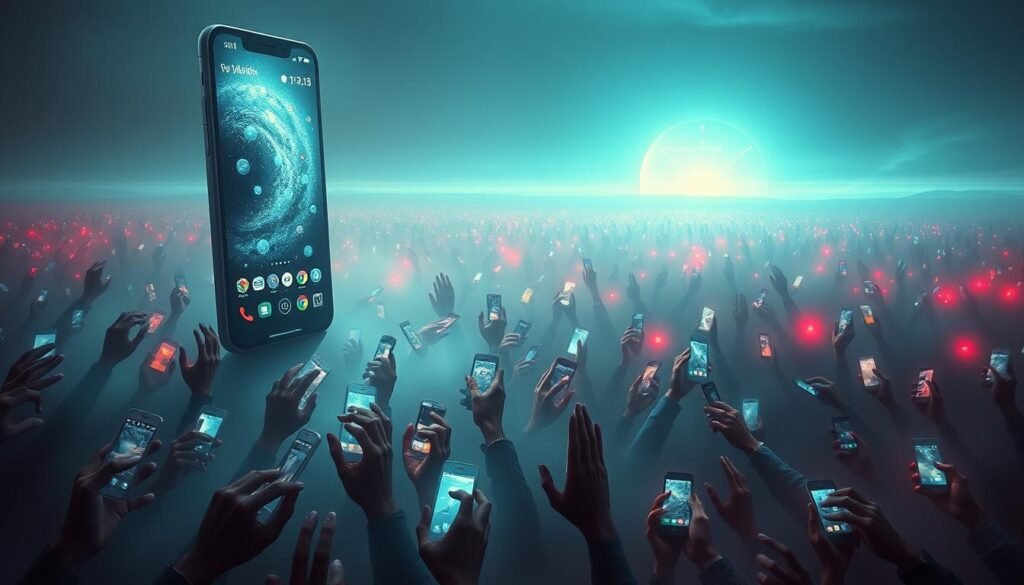 A surreal landscape depicting the relentless cycle of social media engagement. In the foreground, a towering mobile device dominates the scene, its mesmerizing glow casting a hypnotic spell over a sea of disembodied hands frantically scrolling through an endless feed. The middle ground is a hazy, fragmented realm where human figures are subsumed by a swirling vortex of likes, shares, and notifications, their sense of identity increasingly blurred. In the distant background, a warped, kaleidoscopic horizon suggests the distortion of time and reality, the boundaries between the physical and digital worlds dissolving. The lighting is a haunting mix of cool, neon tones and muted, dreamlike shadows, evoking a sense of unease and the unsettling power of social media's grip on our attention and well-being.