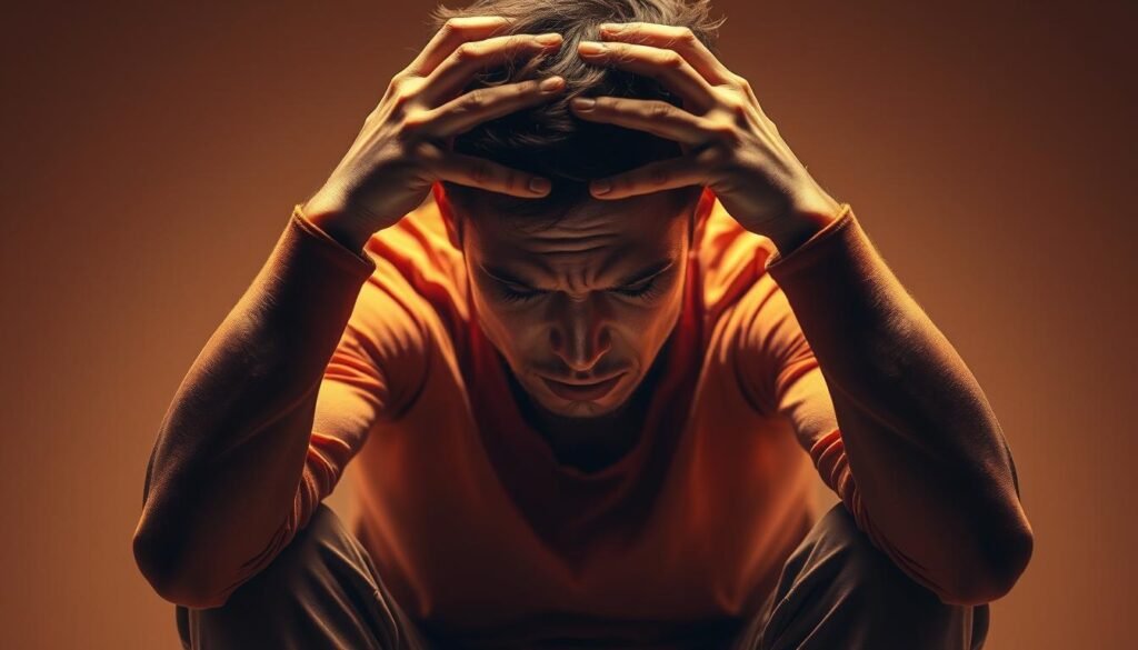 A tense, anxious human figure sits hunched, hands gripping their head, eyes shut tight, as if desperately trying to block out overwhelming stimuli. The scene is bathed in a warm, amber hue, evoking a sense of mental strain and exhaustion. Soft, blurred edges around the subject create a sense of emotional intensity and inner turmoil. The background is a muted, neutral palette, allowing the central figure to be the sole focus, the embodiment of the stress and tension that permeates the space. Dramatic, dramatic chiaroscuro lighting casts deep shadows, accentuating the subject's anguished expression and the weight of their burden. The overall mood is one of acute psychological distress, mirroring the article's exploration of adaptogens as a potential solution to modern-day stress. A tense, anxious human figure sits hunched, hands gripping their head, eyes shut tight, as if desperately trying to block out overwhelming stimuli. The scene is bathed in a warm, amber hue, evoking a sense of mental strain and exhaustion. Soft, blurred edges around the subject create a sense of emotional intensity and inner turmoil. The background is a muted, neutral palette, allowing the central figure to be the sole focus, the embodiment of the stress and tension that permeates the space. Dramatic, dramatic chiaroscuro lighting casts deep shadows, accentuating the subject's anguished expression and the weight of their burden. The overall mood is one of acute psychological distress, mirroring the article's exploration of adaptogens as a potential solution to modern-day stress.