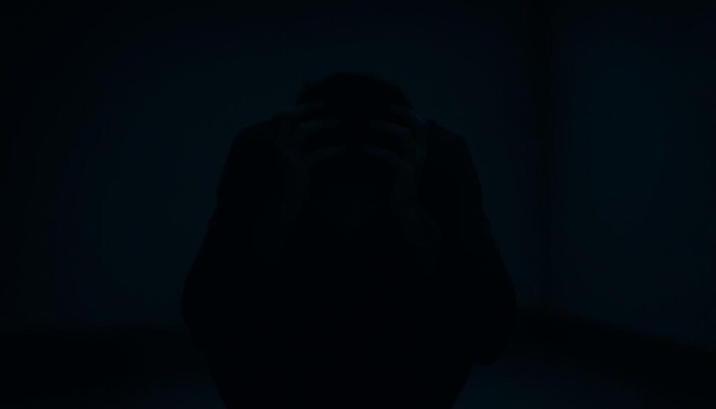 A tense, shadowy figure hunched in a dimly lit room, hands clutching their head as if in anguish. Muted color tones, with hints of cool blues and grays, evoke a sense of unease and anxiety. The figure is isolated, devoid of distractions, allowing the viewer to focus on the emotion of the moment. Soft, directional lighting from a single source casts dramatic shadows, heightening the sense of tension and inner turmoil. The overall composition is balanced, with the subject positioned off-center to create a sense of unease and discomfort. The atmosphere is one of introspection, vulnerability, and the struggle to overcome a mental health challenge.