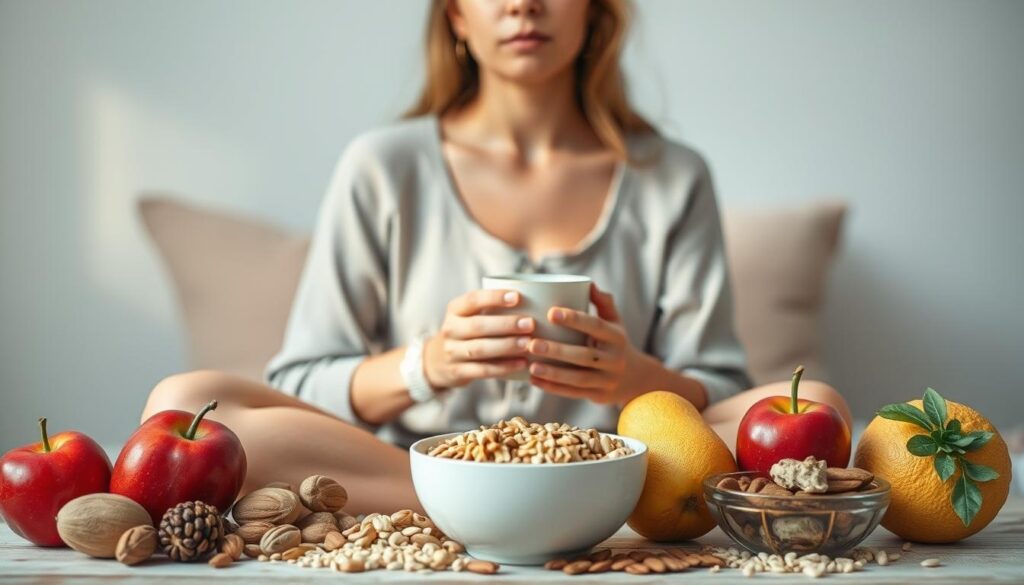 A thoughtful woman sits cross-legged, pondering the merits of intermittent fasting. Her face is serene, yet contemplative, as she holds a cup of herbal tea. In the foreground, an array of fresh fruits, nuts, and whole grains symbolize the nourishing possibilities of a fasted state. The middle ground features a delicate balance of light and shadow, evoking a sense of introspection. The background softly blurs, drawing the viewer's focus to the woman and her mindful contemplation of her unique nutritional needs as a female practitioner of intermittent fasting.
