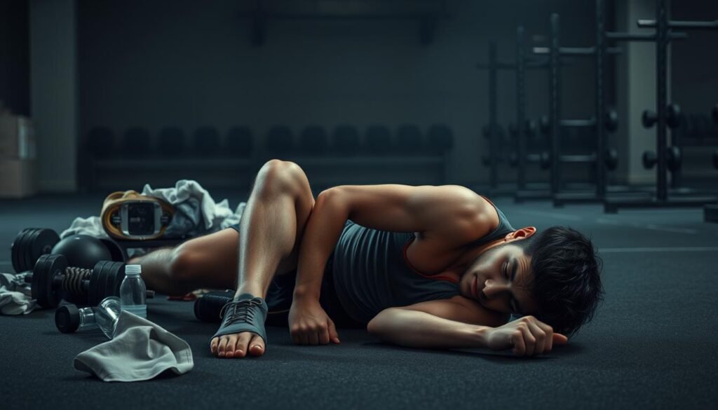 A tired athlete collapsed on the ground, with exhausted limbs and a weary expression. In the middle ground, a messy pile of sports equipment, water bottles, and crumpled towels symbolize the aftermath of an intense workout. In the background, a dimly lit gym setting with empty benches and equipment racks convey a sense of isolation and overexertion. Muted colors, soft shadows, and a slight haze create a somber, introspective atmosphere, highlighting the physical and mental toll of overtraining. A tired athlete collapsed on the ground, with exhausted limbs and a weary expression. In the middle ground, a messy pile of sports equipment, water bottles, and crumpled towels symbolize the aftermath of an intense workout. In the background, a dimly lit gym setting with empty benches and equipment racks convey a sense of isolation and overexertion. Muted colors, soft shadows, and a slight haze create a somber, introspective atmosphere, highlighting the physical and mental toll of overtraining.