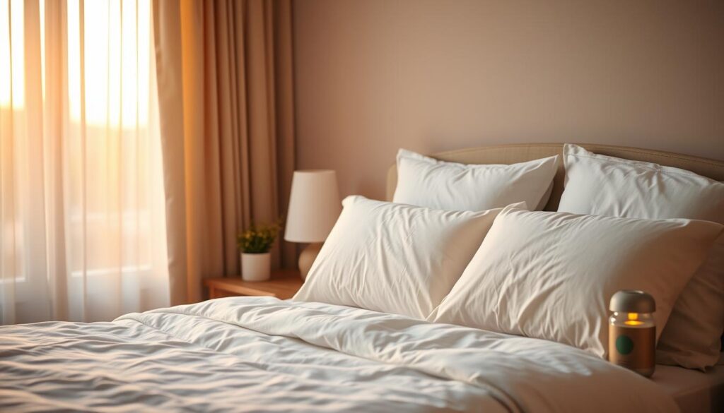A tranquil bedroom scene at dusk, with warm golden light filtering through sheer curtains. A comfortable bed with crisp white linens and plush pillows takes center stage. On the nightstand, a soothing essential oil diffuser emits calming scents. The room is free of electronics, creating a distraction-free environment for restful sleep. Soft ambient music plays from a minimalist speaker, lulling the viewer into a state of relaxation. The overall atmosphere exudes a sense of serenity and sleep-inducing calmness, perfectly capturing the essence of optimized sleep hygiene. A tranquil bedroom scene at dusk, with warm golden light filtering through sheer curtains. A comfortable bed with crisp white linens and plush pillows takes center stage. On the nightstand, a soothing essential oil diffuser emits calming scents. The room is free of electronics, creating a distraction-free environment for restful sleep. Soft ambient music plays from a minimalist speaker, lulling the viewer into a state of relaxation. The overall atmosphere exudes a sense of serenity and sleep-inducing calmness, perfectly capturing the essence of optimized sleep hygiene.