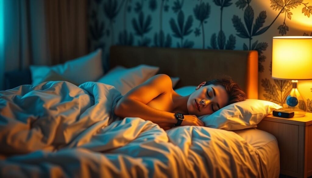 A tranquil bedroom scene, bathed in soft, warm lighting. In the foreground, a person sleeping peacefully, their body synced with a personalized sleep schedule, reflecting their unique chronotype. The middle ground features a bedside table with a lamp, a glass of water, and a sleep tracker. The background showcases a serene, nature-inspired wallpaper, hinting at the restorative power of aligning one's sleep patterns with their internal biological clock. The overall mood is one of calm, balance, and harmony, inviting the viewer to consider the importance of optimizing their own sleep routine. A tranquil bedroom scene, bathed in soft, warm lighting. In the foreground, a person sleeping peacefully, their body synced with a personalized sleep schedule, reflecting their unique chronotype. The middle ground features a bedside table with a lamp, a glass of water, and a sleep tracker. The background showcases a serene, nature-inspired wallpaper, hinting at the restorative power of aligning one's sleep patterns with their internal biological clock. The overall mood is one of calm, balance, and harmony, inviting the viewer to consider the importance of optimizing their own sleep routine.