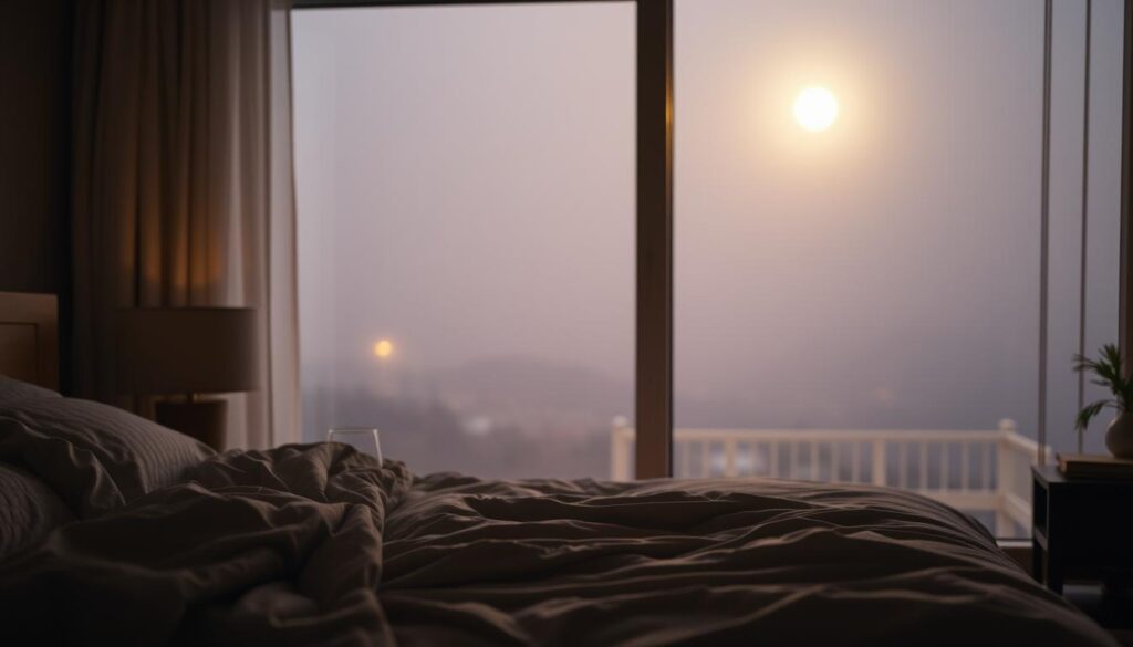 A tranquil bedroom scene, dimly lit by soft, warm lighting. In the foreground, a cozy bed with plush bedding, inviting the viewer to sink into its comforting embrace. Beside it, a nightstand holds a glass of water and a book, suggesting a relaxing wind-down routine. In the middle ground, a large window overlooks a serene, moonlit landscape, the gentle glow casting a peaceful ambiance throughout the room. The background is hazy, with a subtle, dreamlike quality, evoking the subconscious state of deep sleep. The overall atmosphere is one of harmony, tranquility, and restorative rest, capturing the essence of a natural, medication-free cure for insomnia. A tranquil bedroom scene, dimly lit by soft, warm lighting. In the foreground, a cozy bed with plush bedding, inviting the viewer to sink into its comforting embrace. Beside it, a nightstand holds a glass of water and a book, suggesting a relaxing wind-down routine. In the middle ground, a large window overlooks a serene, moonlit landscape, the gentle glow casting a peaceful ambiance throughout the room. The background is hazy, with a subtle, dreamlike quality, evoking the subconscious state of deep sleep. The overall atmosphere is one of harmony, tranquility, and restorative rest, capturing the essence of a natural, medication-free cure for insomnia.