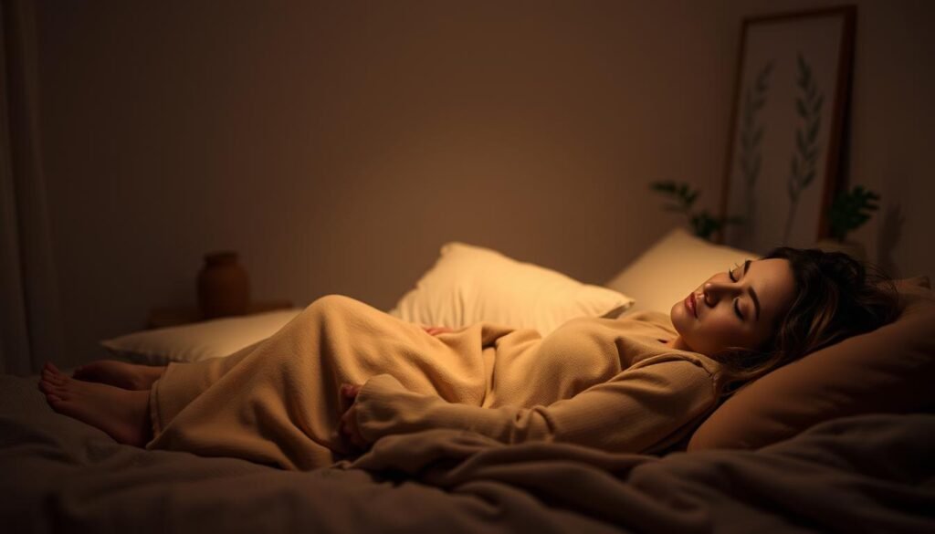 A tranquil, dimly lit bedroom scene. Soft, warm lighting bathes the space, creating a cozy, restorative atmosphere. In the foreground, a woman rests on her side, her face relaxed and serene. She is clad in comfortable, earthy-toned loungewear, her hair gently tousled. Surrounding her, the mid-ground features plush, textured bedding and pillows in muted tones, inviting rest and relaxation. In the background, the room is sparsely decorated, with subtle hints of natural elements, such as a potted plant or a framed botanical print, emphasizing the calming, nurturing energy of the space. The overall scene conveys a sense of introspection, self-care, and the gentle restorative process of the luteal phase.