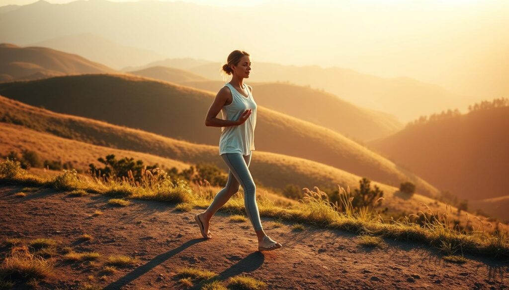 A tranquil figure walks slowly, body in reverence, heart filled with gratitude. Serene landscape unfolds, rolling hills and lush greenery basking in warm, diffused sunlight. The figure's steps are measured, each pace a mindful meditation, a half-smile gracing their face. The scene exudes a sense of presence, of being fully immersed in the moment, detached from the cares of the world. Soft, cinematic lighting casts a dreamlike haze, the world seemingly paused to honor this sacred ritual of mindful movement. A tranquil figure walks slowly, body in reverence, heart filled with gratitude. Serene landscape unfolds, rolling hills and lush greenery basking in warm, diffused sunlight. The figure's steps are measured, each pace a mindful meditation, a half-smile gracing their face. The scene exudes a sense of presence, of being fully immersed in the moment, detached from the cares of the world. Soft, cinematic lighting casts a dreamlike haze, the world seemingly paused to honor this sacred ritual of mindful movement.