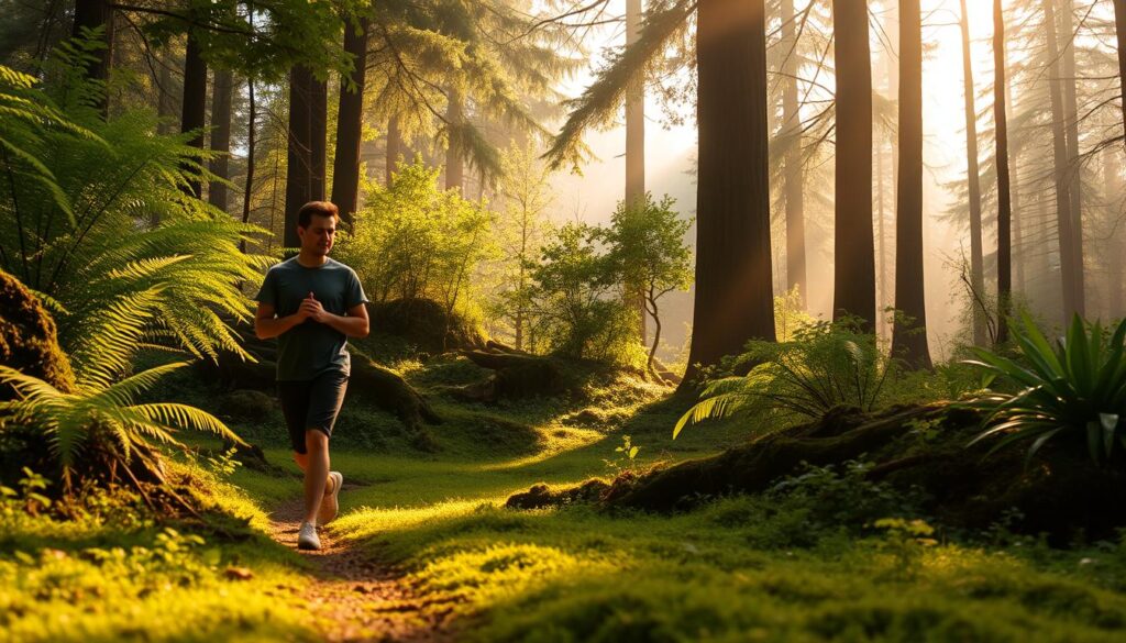 A tranquil forest glade bathed in soft, warm sunlight. In the foreground, a person walks slowly, mindfully, their steps measured and deliberate. Their face is serene, eyes lowered, hands clasped loosely. The middle ground features lush, verdant foliage - ferns, mosses, and towering trees. The background gently recedes into a hazy, dreamlike distance, creating a sense of peaceful seclusion. The overall mood is one of quiet contemplation, a reset for the senses and the soul. A two-minute walking meditation, an oasis of calm amidst the bustle of everyday life. A tranquil forest glade bathed in soft, warm sunlight. In the foreground, a person walks slowly, mindfully, their steps measured and deliberate. Their face is serene, eyes lowered, hands clasped loosely. The middle ground features lush, verdant foliage - ferns, mosses, and towering trees. The background gently recedes into a hazy, dreamlike distance, creating a sense of peaceful seclusion. The overall mood is one of quiet contemplation, a reset for the senses and the soul. A two-minute walking meditation, an oasis of calm amidst the bustle of everyday life.