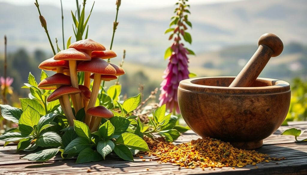 A tranquil herbal garden, sunlit and lush, with adaptogenic plants prominently featured. In the foreground, a cluster of reishi mushrooms, their vermillion caps glistening. Surrounding them, vibrant green leaves of ashwagandha, tulsi, and rhodiola rise up, their stems intertwined. In the middle ground, a mortar and pestle sit atop a weathered wooden table, crushed herbs spilling from its sides. The background is a softly blurred landscape of rolling hills, hazy in the distance. The overall scene conveys a sense of grounded, restorative calm - a practical framework for addressing burnout with the power of ancient, adaptogenic herbs.