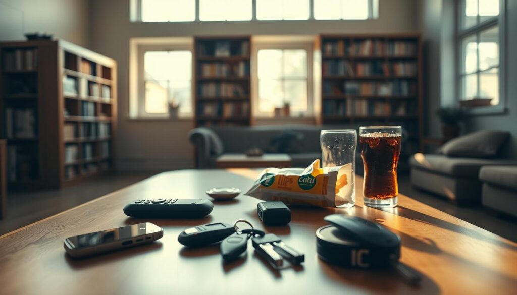 A tranquil indoor scene, with a table in the foreground showcasing various everyday objects that act as "activity triggers" - a smartphone, a remote control, a set of car keys, a bag of potato chips, and a glass of soda. The table is bathed in warm, diffused lighting, creating a contemplative atmosphere. In the middle ground, bookcases line the walls, hinting at a studious, introspective environment. The background features a large window, allowing natural daylight to filter in and cast soft shadows across the space. The overall mood is one of quiet introspection, inviting the viewer to consider the power of these commonplace items to elicit automatic responses and interrupt mindful living.