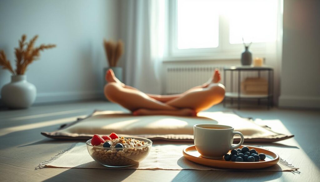 A tranquil morning scene featuring a person sitting cross-legged on a meditation cushion, with a healthy breakfast of oatmeal, berries, and green tea positioned in front of them. Warm, diffused sunlight streams through a large window, casting a gentle glow. The background is a minimalist, serene interior with muted tones and simple, natural decor elements. The overall mood is one of calm, focus, and mindful nourishment, conveying a sense of how to safely embark on an intermittent fasting journey.