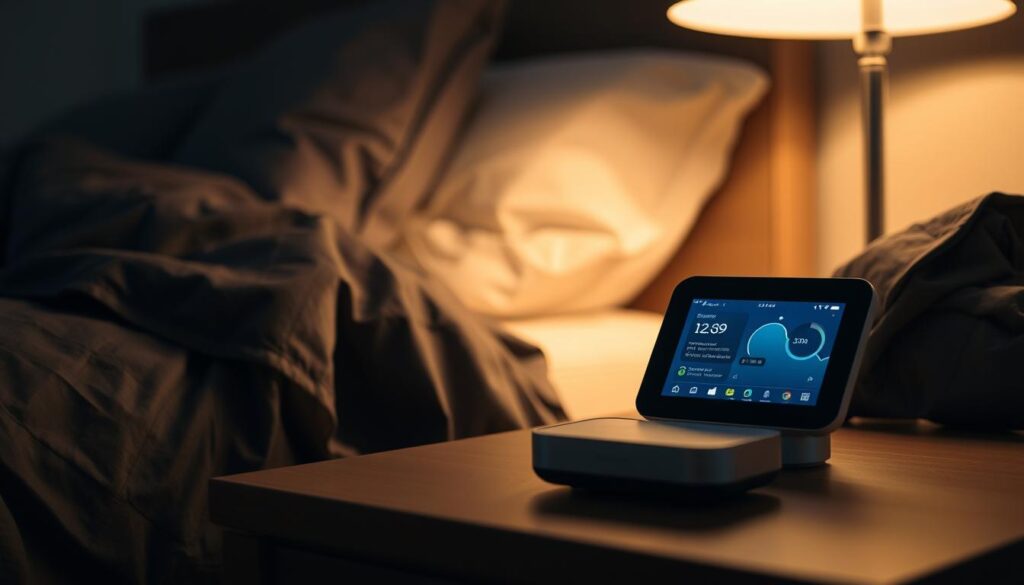 A tranquil nightstand scene with a sleep tracking device, surrounded by a cozy, dimly-lit bedroom. The device's display shows sleep data and analytics, casting a soft, ambient glow. In the background, a plush, dark-colored duvet and pillows create a sense of comfort and rest. Soft, warm lighting from a bedside lamp illuminates the scene, evoking a calming, introspective atmosphere. The camera angle is slightly elevated, providing a comprehensive view of the sleep tracking setup and its integration into the bedroom environment.