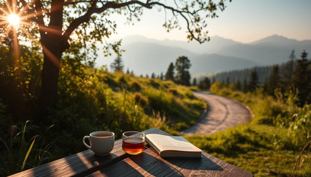 A tranquil outdoor scene, bathed in warm afternoon sunlight. In the foreground, a wooden bench sits amidst lush greenery, with a cup of tea and a journal resting upon it, signifying a moment of mindful respite from digital distractions. The middle ground features a winding path leading away from the viewer, disappearing into a peaceful forest. In the background, mountains rise up, their silhouettes hazy and dreamlike, conveying a sense of distance and solitude. The overall mood is one of contemplation and rejuvenation, inviting the viewer to step away from the constant pull of social media and immerse themselves in the present moment.
