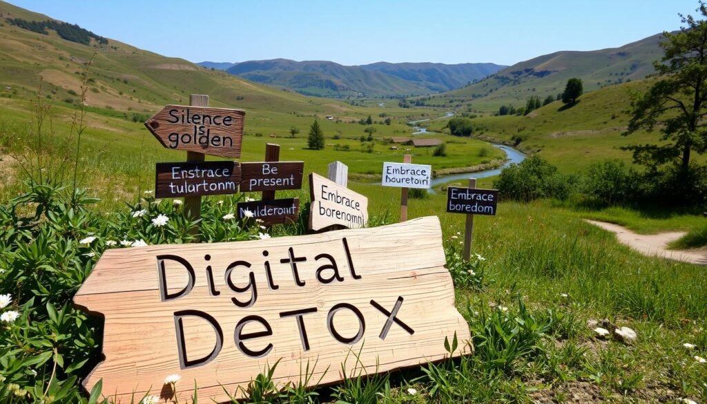 A tranquil outdoor scene featuring a collection of artfully designed digital detox signs. In the foreground, a rustic wooden plaque with the words "Digital Detox" carved into its surface, surrounded by lush greenery and delicate wildflowers. In the middle ground, a series of hand-painted signs made of reclaimed materials, each offering reminders to unplug and disconnect, such as "Silence is golden," "Be present," and "Embrace boredom." In the background, a serene natural landscape with rolling hills, a winding stream, and a clear blue sky, creating a calming and inviting atmosphere to encourage mindfulness and respite from the digital world.